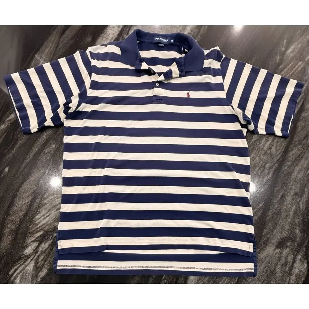 Polo Ralph Lauren Mens XL White Navy Stripe Custom Fit Pique Polo Shirt Cotton